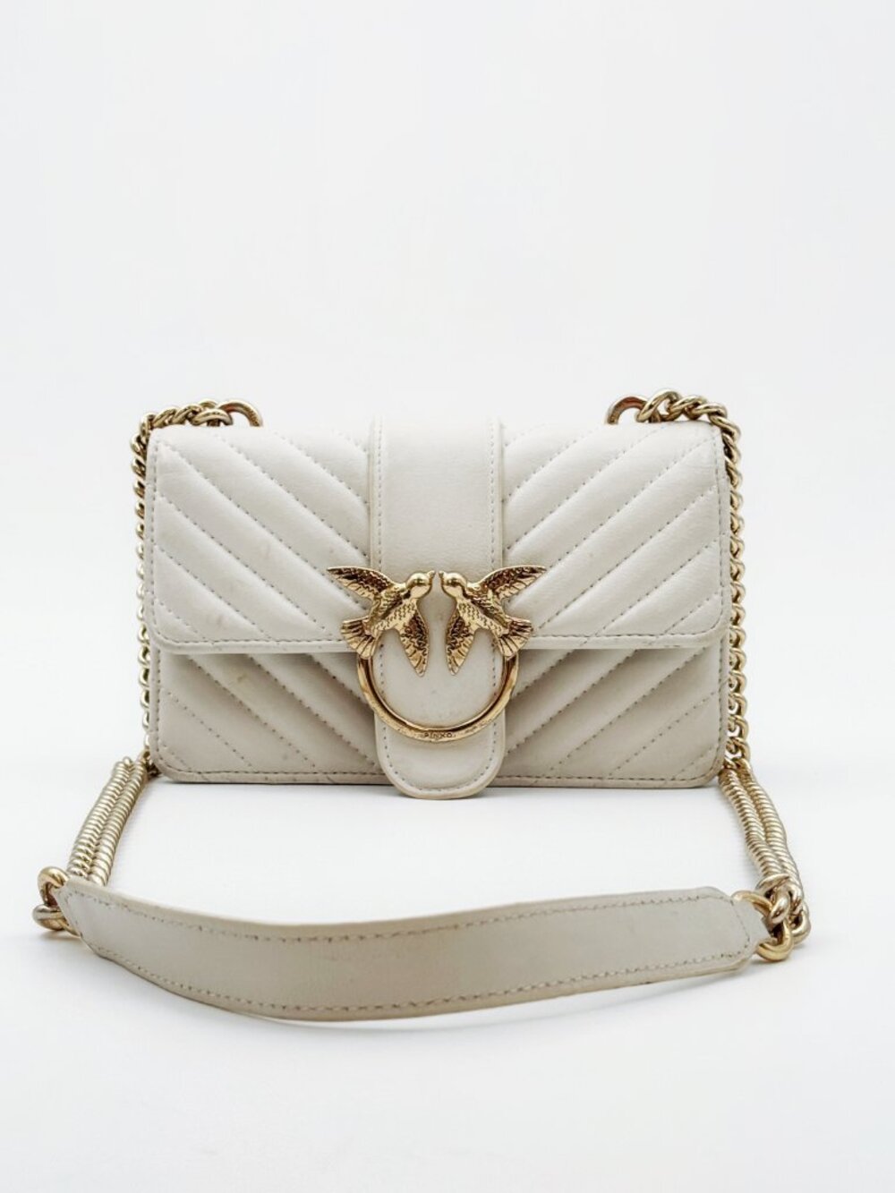 Pinko Quilted Cream Leather Crossbody with Gold Bird Hardware